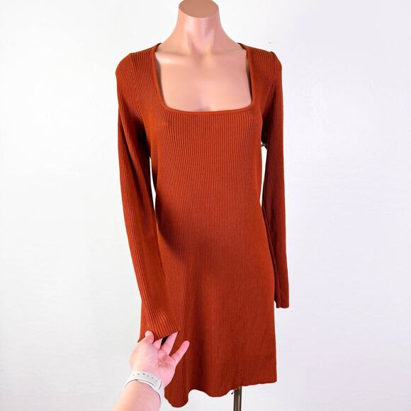 Vince Ribbed Knit Long Sleeve Square Neck Mini Dress Burnt Rust Orange sz XL NWT - Picture 3 of 12